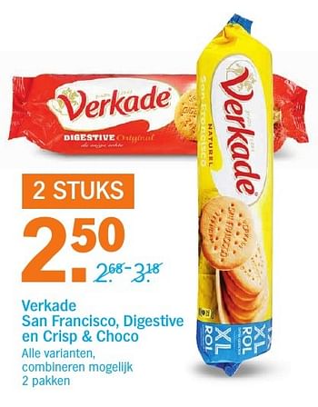 Aanbiedingen Verkade san francisco, digestive en crisp + choco - Verkade - Geldig van 26/09/2016 tot 02/10/2016 bij Albert Heijn