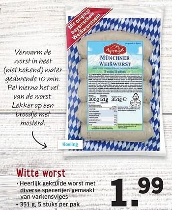 Aanbiedingen Witte worst - Alpengut - Geldig van 26/09/2016 tot 02/10/2016 bij Lidl