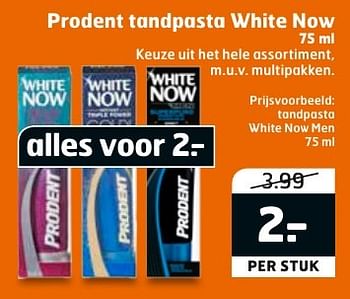 Aanbiedingen Prodent tandpasta white now men - Prodent - Geldig van 27/09/2016 tot 02/10/2016 bij Trekpleister