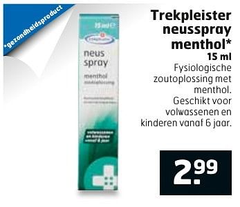 Aanbiedingen Trekpleister neusspray menthol - Huismerk - Trekpleister - Geldig van 27/09/2016 tot 02/10/2016 bij Trekpleister