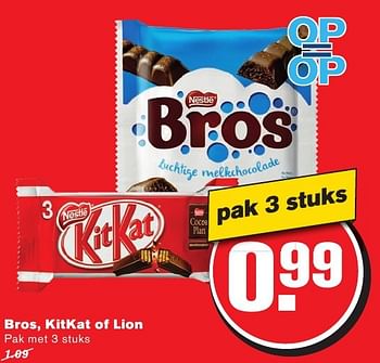 Aanbiedingen Bros, kitkat of lion - Nestlé - Geldig van 28/09/2016 tot 04/10/2016 bij Hoogvliet