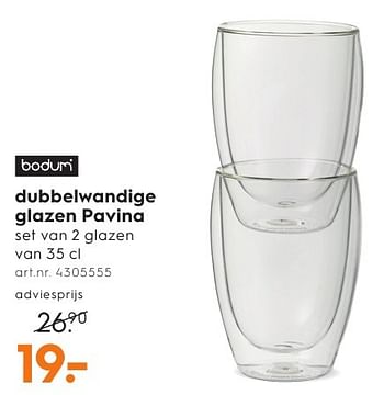Aanbiedingen Dubbelwandige glazen pavina - boduri - Geldig van 28/09/2016 tot 05/10/2016 bij Blokker