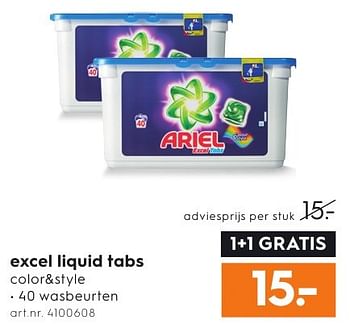 Aanbiedingen Excel liquid tabs color+style - Ariel - Geldig van 01/10/2016 tot 05/10/2016 bij Blokker