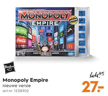 Aanbiedingen Monopoly empire - Hasbro - Geldig van 01/10/2016 tot 05/10/2016 bij Blokker