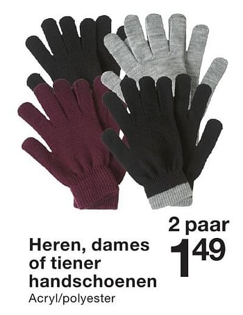 Aanbiedingen Heren, dames of tiener handschoenen - Huismerk - Zeeman  - Geldig van 01/10/2016 tot 14/10/2016 bij Zeeman