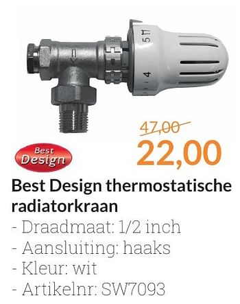 Aanbiedingen Best design thermostatische radiatorkraan - Best Design - Geldig van 01/10/2016 tot 31/10/2016 bij Sanitairwinkel