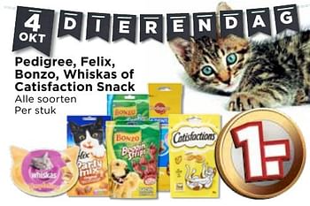 Aanbiedingen Pedigree, felix, bonzo, whiskas of catisfaction snack - Whiskas - Geldig van 02/10/2016 tot 08/10/2016 bij Vomar