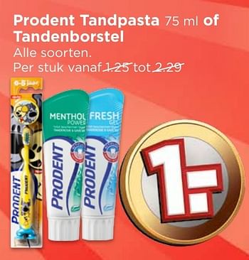 Aanbiedingen Prodent tandpasta 75 ml of tandenborstel - Prodent - Geldig van 02/10/2016 tot 08/10/2016 bij Vomar