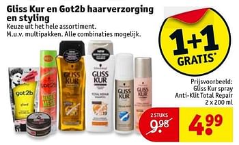 Aanbiedingen Gliss kur spray anti-klit total repair - Gliss Kur - Geldig van 27/09/2016 tot 09/10/2016 bij Kruidvat