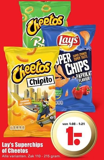 Aanbiedingen Lay`s superchips of cheetos - Lay's - Geldig van 02/10/2016 tot 08/10/2016 bij Lekker Doen