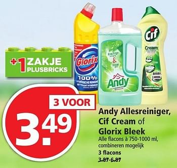Aanbiedingen Andy allesreiniger, cif cream of glorix bleek - Huismerk - Plus - Geldig van 02/10/2016 tot 08/10/2016 bij Plus
