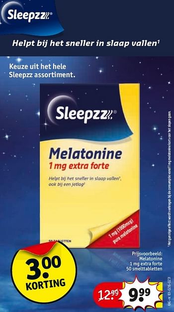 Aanbiedingen Melatonine 1 mg extra forte - Sleepzz - Geldig van 27/09/2016 tot 09/10/2016 bij Kruidvat
