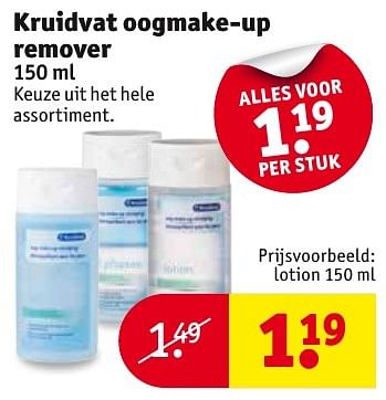 Aanbiedingen Kruidvat oogmake-up remover lotion - Huismerk - Kruidvat - Geldig van 04/10/2016 tot 09/10/2016 bij Kruidvat