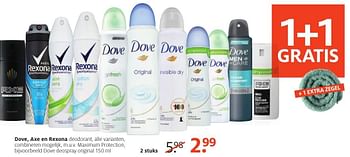 Aanbiedingen Dove, axe en rexona deodorant, dove deospray original - Dove - Geldig van 26/09/2016 tot 09/10/2016 bij Etos