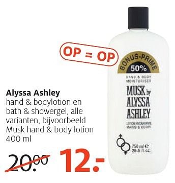 Aanbiedingen Alyssa ashley musk hand + body lotion - Alyssa Ashley - Geldig van 26/09/2016 tot 09/10/2016 bij Etos