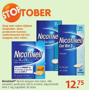 Aanbiedingen Nicotinell mint 2 mg zuigtablet - nicotinell - Geldig van 26/09/2016 tot 09/10/2016 bij Etos