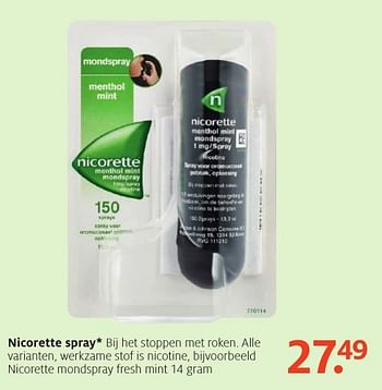 Aanbiedingen Nicorette mondspray fresh mint - Nicorette - Geldig van 26/09/2016 tot 09/10/2016 bij Etos