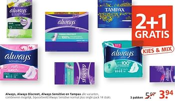 Aanbiedingen Always discreet, always sensitive en tampax, always sensitive normal plus single - Always - Geldig van 26/09/2016 tot 09/10/2016 bij Etos