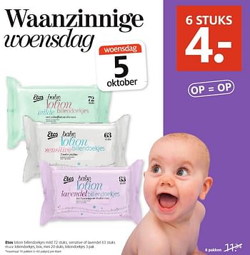 Aanbiedingen Etos lotion billendoekjes, sensitive of lavendel - Huismerk - Etos - Geldig van 26/09/2016 tot 09/10/2016 bij Etos