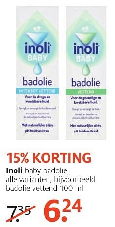 Aanbiedingen Inoli baby badolie vettend - Inoli - Geldig van 26/09/2016 tot 09/10/2016 bij Etos