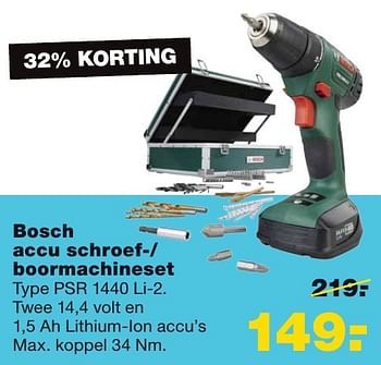 Aanbiedingen Bosch accu schroef-- boormachineset psr 1440 li-2 - Bosch - Geldig van 03/10/2016 tot 09/10/2016 bij Praxis