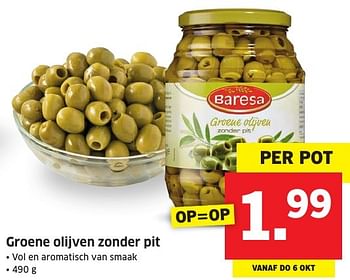 Aanbiedingen Groene olijven zonder pit - Baresa - Geldig van 03/10/2016 tot 09/10/2016 bij Lidl