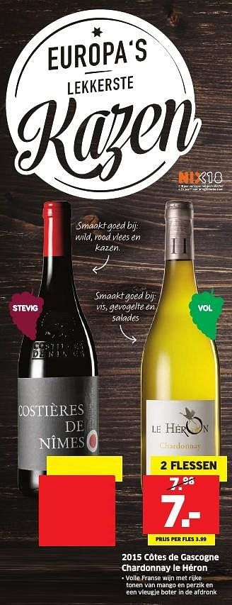 Aanbiedingen 2015 côtes de gascogne chardonnay le héron - Witte wijnen - Geldig van 03/10/2016 tot 09/10/2016 bij Lidl