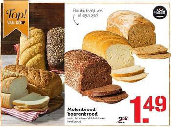 Aanbiedingen Molenbrood boerenbrood maïs, 7-zaden of dubbeldonker heel brood - Molenbrood - Geldig van 03/10/2016 tot 09/10/2016 bij Coop