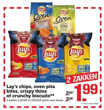 Aanbiedingen Lay`s chips, oven pita bites, crispy thins of crunchy biscuits - Lay's - Geldig van 03/10/2016 tot 09/10/2016 bij Coop