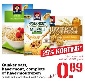 Aanbiedingen Quaker oats, havermout, complete of havermoutrepen - Quaker - Geldig van 03/10/2016 tot 09/10/2016 bij Coop