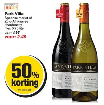 Aanbiedingen Park villa spaanse merlot of zuid-afrikaanse chardonnay - Rode wijnen - Geldig van 05/10/2016 tot 11/10/2016 bij Hoogvliet