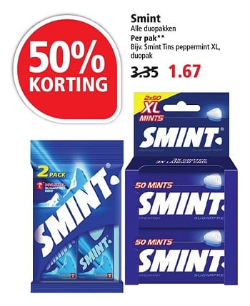 Aanbiedingen Smint tins peppermint xl, duopak - Smint - Geldig van 09/10/2016 tot 15/10/2016 bij Plus