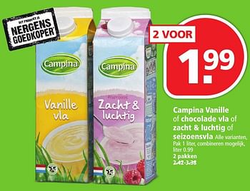 Aanbiedingen Campina vanille of chocolade vla of zacht + luchtig of seizoensvla - Campina - Geldig van 09/10/2016 tot 15/10/2016 bij Plus