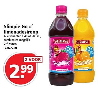 Aanbiedingen Slimpie go of limonadesiroop - Slimpie - Geldig van 09/10/2016 tot 15/10/2016 bij Plus