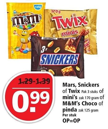 Aanbiedingen Mars, snickers of twix of mini`s of m+m`s choco of pinda - Mars Snacks - Geldig van 09/10/2016 tot 15/10/2016 bij Plus