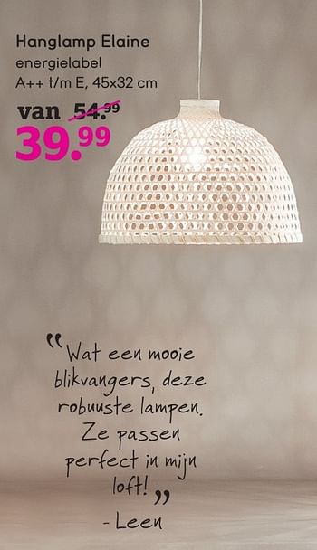 Aanbiedingen Hanglamp elaine - Huismerk - Leen Bakker - Geldig van 03/10/2016 tot 16/10/2016 bij Leen Bakker