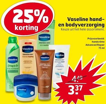 Aanbiedingen Handcrème advanced repair - Vaseline  - Geldig van 04/10/2016 tot 16/10/2016 bij Trekpleister
