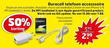 Aanbiedingen Duracell telefoon accesssoire usb laadkabel - Duracell - Geldig van 04/10/2016 tot 16/10/2016 bij Trekpleister