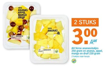 Aanbiedingen Ah verse ananasstukjes en ananas, appel, mango en druif - Huismerk - Albert Heijn - Geldig van 10/10/2016 tot 16/10/2016 bij Albert Heijn