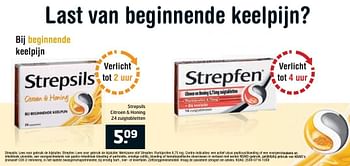 Aanbiedingen Citroen + honing 24 zuigtabletten - Strepsils - Geldig van 04/10/2016 tot 16/10/2016 bij Trekpleister