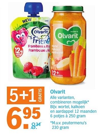Aanbiedingen Olvarit wortel, kalkoen en aardappel - Olvarit - Geldig van 10/10/2016 tot 16/10/2016 bij Albert Heijn