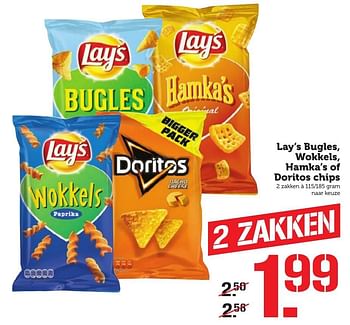 Aanbiedingen Lay`s bugles, wokkels, hamka`s of doritos chips - Doritos - Geldig van 10/10/2016 tot 16/10/2016 bij Coop