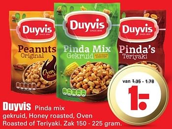 Aanbiedingen Duyvis pinda mix gekruid, honey roasted, oven roasted of teriyaki - Duyvis - Geldig van 09/10/2016 tot 15/10/2016 bij Lekker Doen