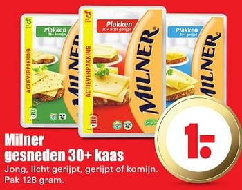 Aanbiedingen Milner gesneden 30+ kaas jong, licht gerijpt, gerijpt of komijn - Milner - Geldig van 09/10/2016 tot 15/10/2016 bij Lekker Doen
