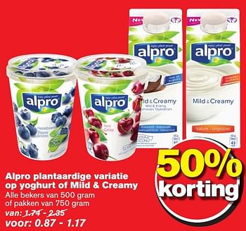 Aanbiedingen Alpro plantaardige variatie op yoghurt of mild + creamy - Alpro Soya - Geldig van 12/10/2016 tot 18/10/2016 bij Hoogvliet
