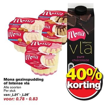 Aanbiedingen Mona gezinspudding of intense vla - Mona - Geldig van 12/10/2016 tot 18/10/2016 bij Hoogvliet