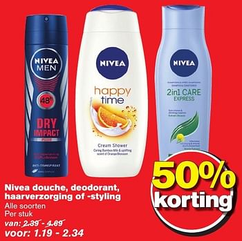 Aanbiedingen Nivea douche, deodorant, haarverzorging of -styling - Nivea - Geldig van 12/10/2016 tot 18/10/2016 bij Hoogvliet