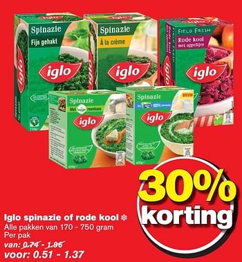 Aanbiedingen Iglo spinazie of rode kool - Iglo - Geldig van 12/10/2016 tot 18/10/2016 bij Hoogvliet