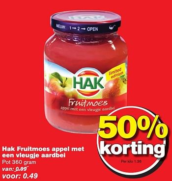 Aanbiedingen Hak fruitmoes appel met een vleugje aardbei - Hak - Geldig van 12/10/2016 tot 18/10/2016 bij Hoogvliet