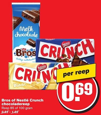 Aanbiedingen Bros of nestlé crunch chocoladereep - Nestlé - Geldig van 12/10/2016 tot 18/10/2016 bij Hoogvliet